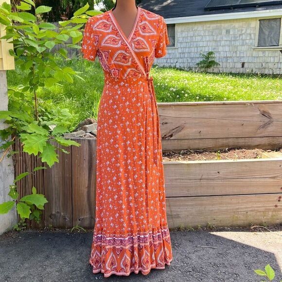 Zesica Boho Patterned Maxi Length Wrap Dress Sienna Orange, Women’s Medium - Picture 11 of 11
